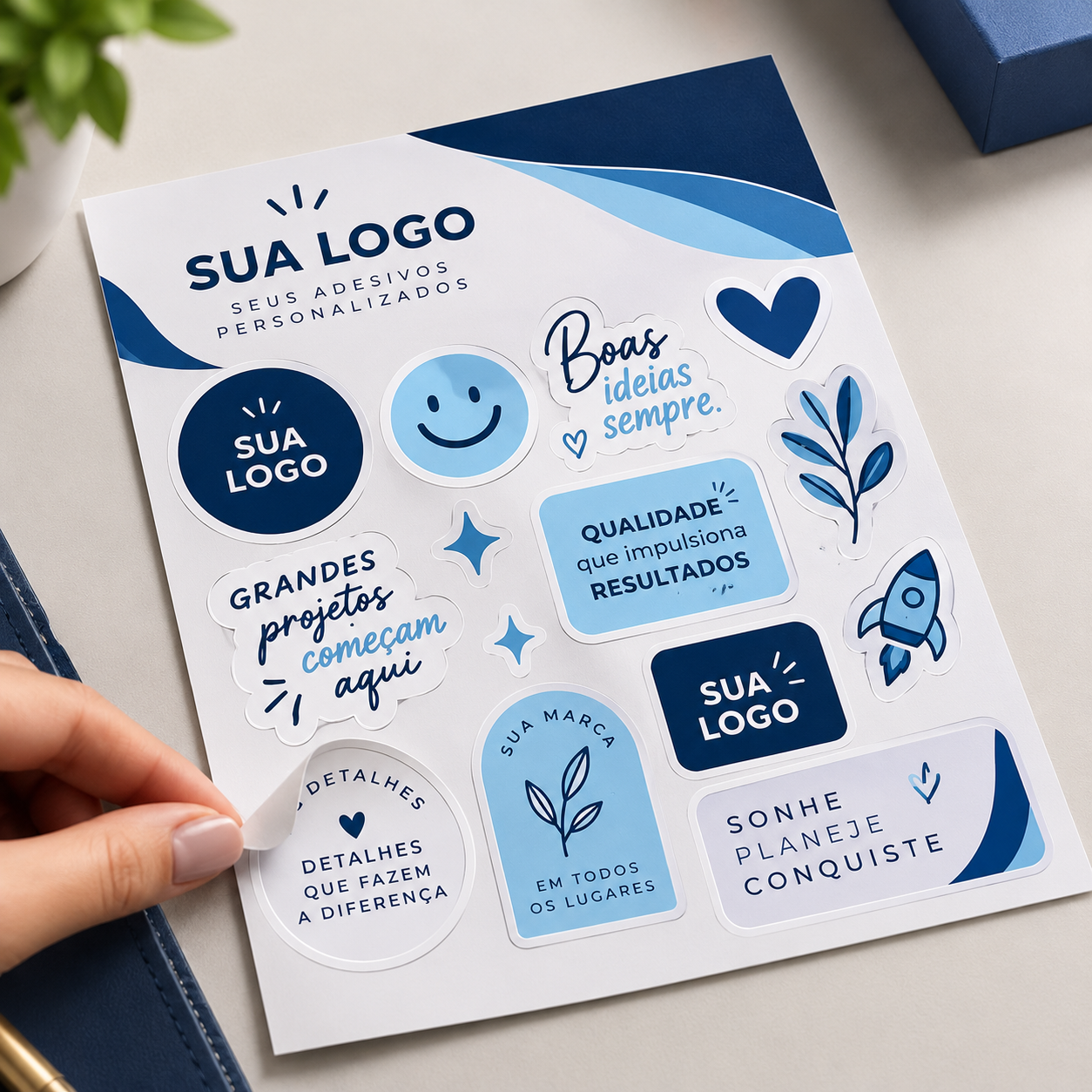 adesivos personalizados em destaque Cartela de adesivos personalizada com diferentes formatos e artes coloridas
