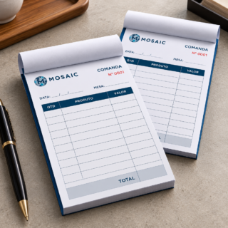 Dois blocos de comandas personalizadas da Mosaic com campos para pedidos, quantidades e valores